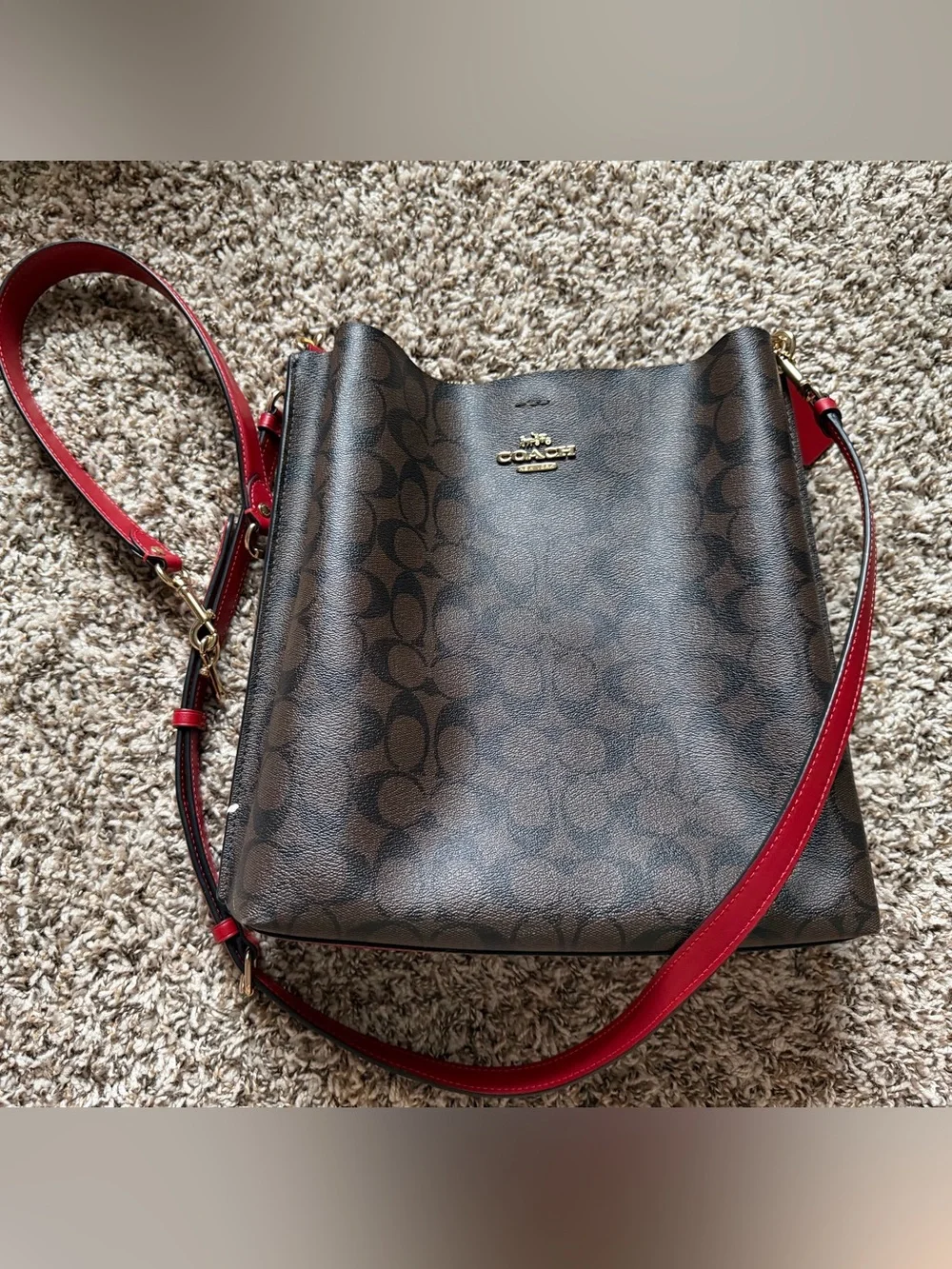 Coach Brown Signature Canvas Tote with Red Strap